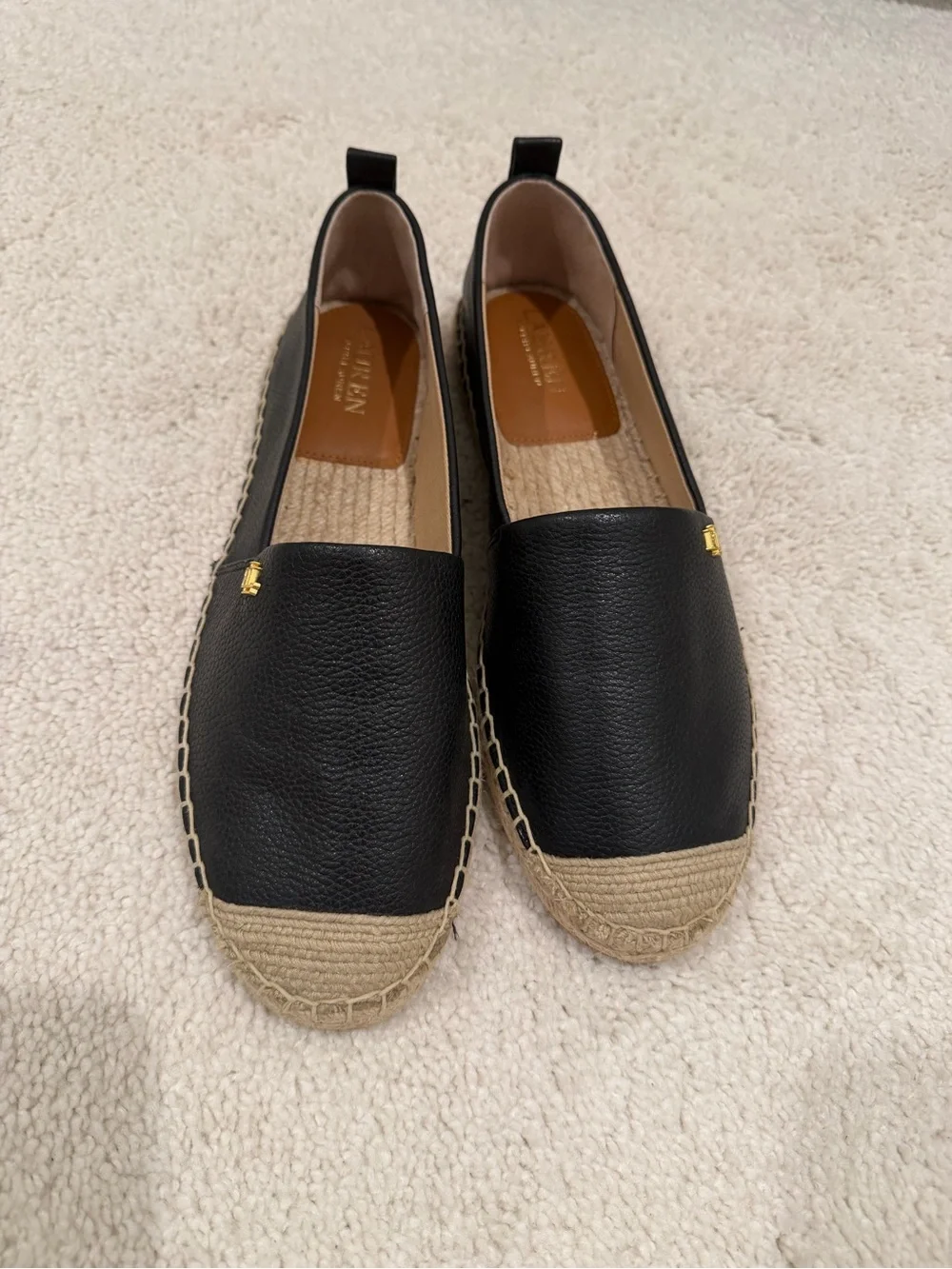 Ralph Lauren Black Leather Espadrille Slip-Ons with Gold Logo